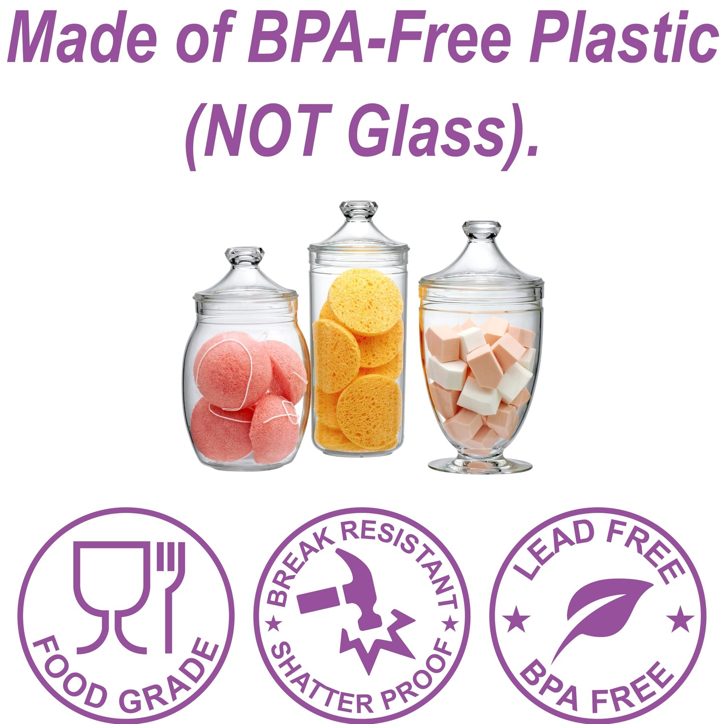 Amazing Abby - Adore - Plastic Apothecary Jars (3-Piece Set, 52/46/46 oz) (NOT Glass), Acrylic Jars with Lids, Bathroom Canisters, Candy Buffet, Wedding Display, BPA-Free and Shatter-Proof