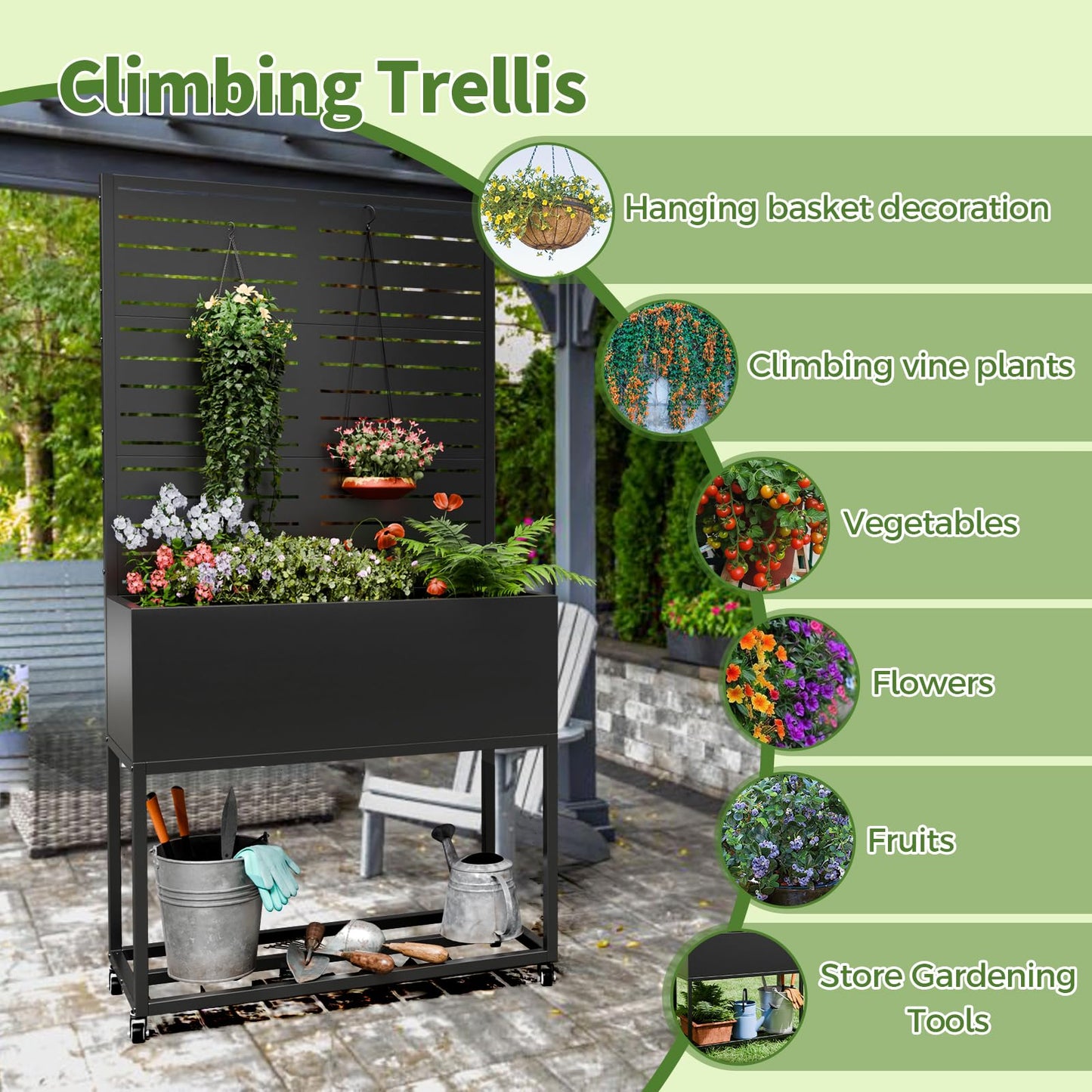 Trygoal Metal Planter Box with Trellis,67" H x35 W Raised Garden Beds with Privacy Screen for Climbing Plants Flower, Elevated Standing Planter Garden Bed with Drainage Holes for Outdoor Patio,Black