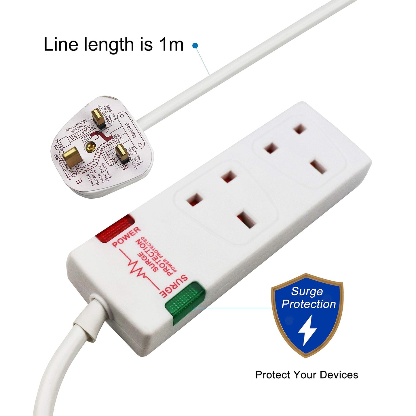 ExtraStar 2 Way Double Socket Power Mains Extension Lead 1M Metre Cable - Surge Protected British Approved 13A - White