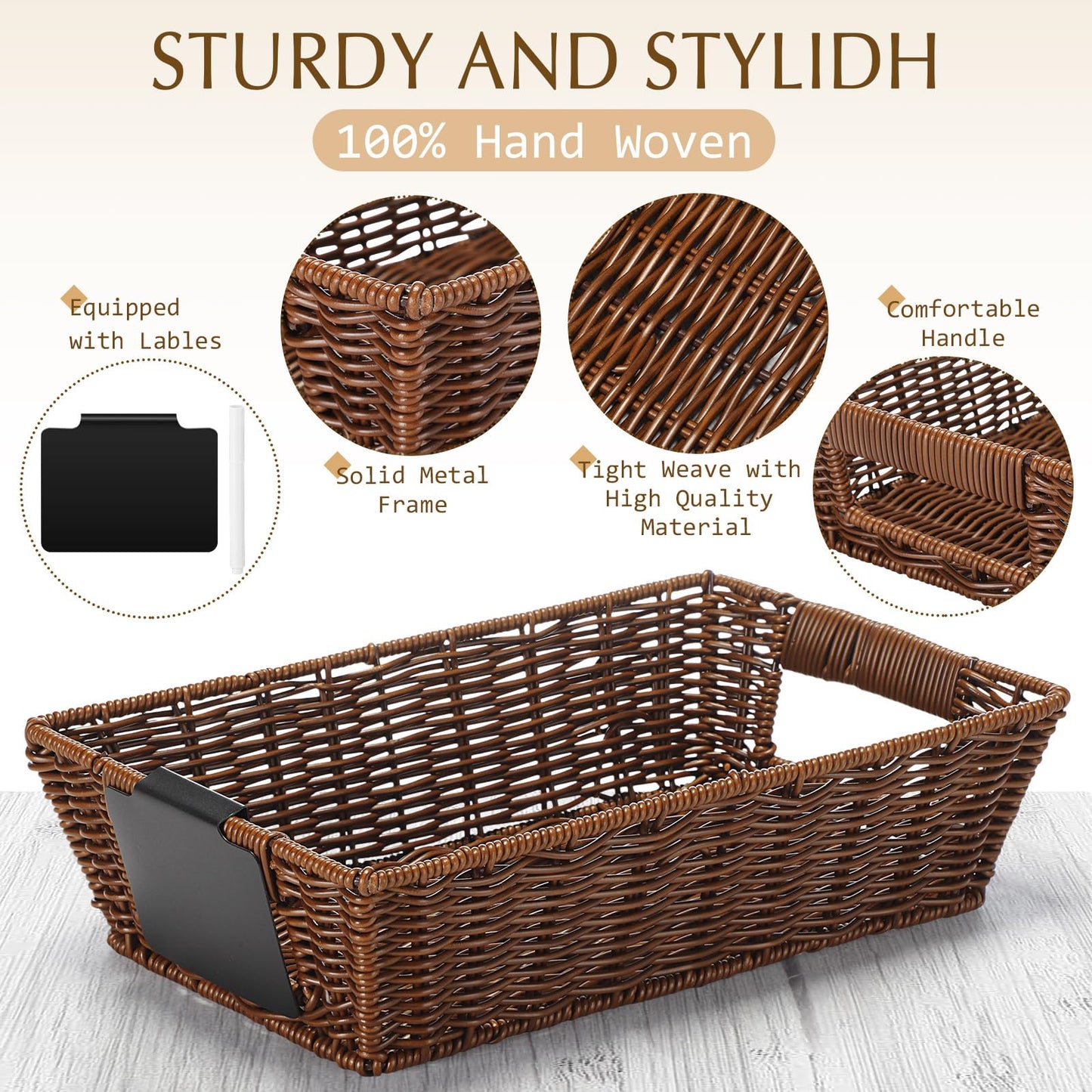 Marsui 9 Pcs Wicker Storage Baskets for Pantry Organization with Handle Labels Handwoven Multi-size Dark Brown Small Organizer Baskets Storage Bin Container for Shelves Closet Toilet Christmas Holiday