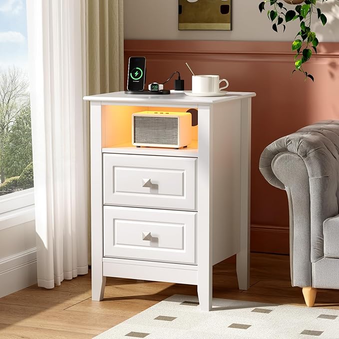 Bonnlo White Night Stand with Charging Station, Led Nightstand White Wood