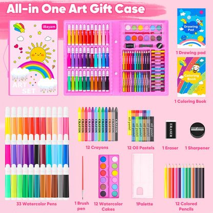 iBayam Art Supplies, 149-Pack Drawing Kit Painting Art Set Art Kits Gifts Box, Arts and Crafts for Kids Girls Boys, with Coloring Book, Crayons, Pastels, Pencils, Watercolor Pens (Pink)