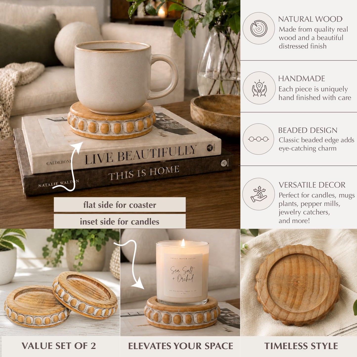 Candle Pedestal [Set of 2] Round Rustic Wood Beaded Risers - Sturdy 2-Sided Stackable Decor Pedestal Stands for Tiered Tray, Candle, Mug Display, Risers Display Stands (Rustic Brown, 5 inch)