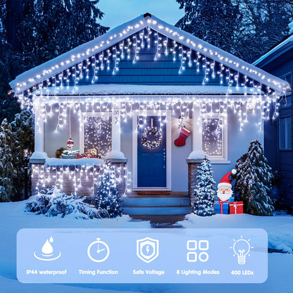 JMEXSUSS 400 LED White Christmas Icicle Lights, 38.8ft Connectable Icicle Lights for Outside Outdoor Indoor Plug in, String Light for House Patio Party Room Holiday Christmas Decorations