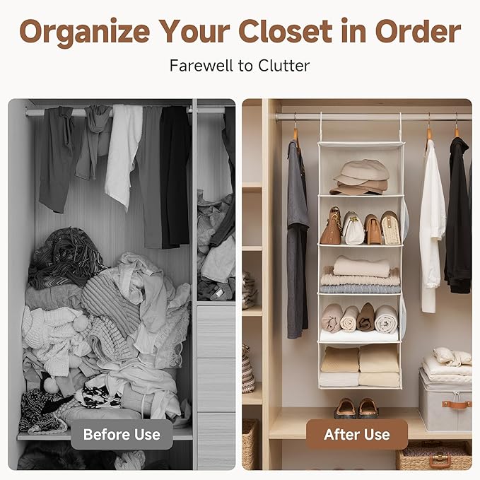 StorageWorks 5-Shelf Hanging Closet Organizers, Foldable Closet Storage