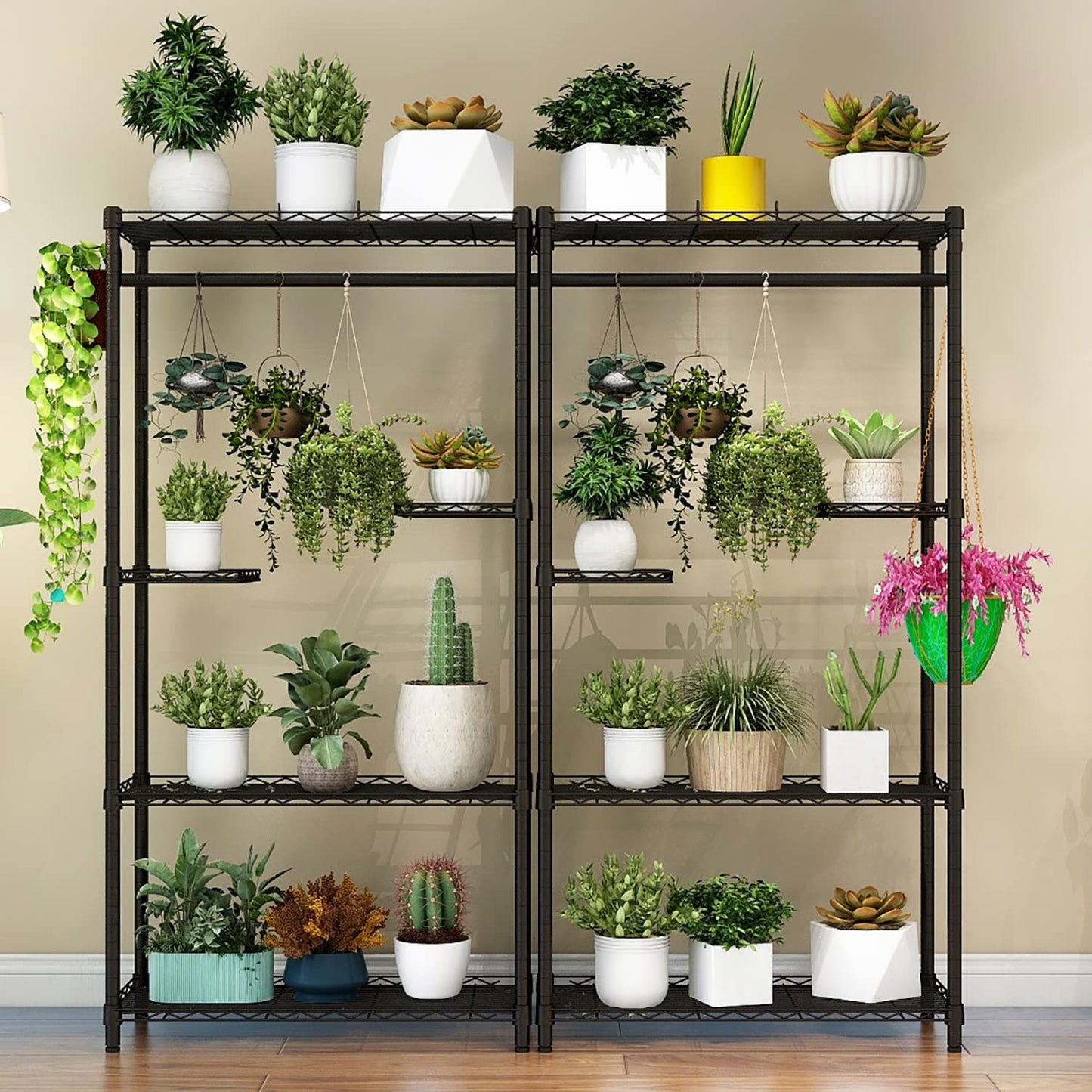Xiofio Plant Stand for Indoor Outdoor,Metal Plant Stands,Adjustable Plant Shelves with Hanging Rod for Bedroom Living Room Balcony Garden,Black