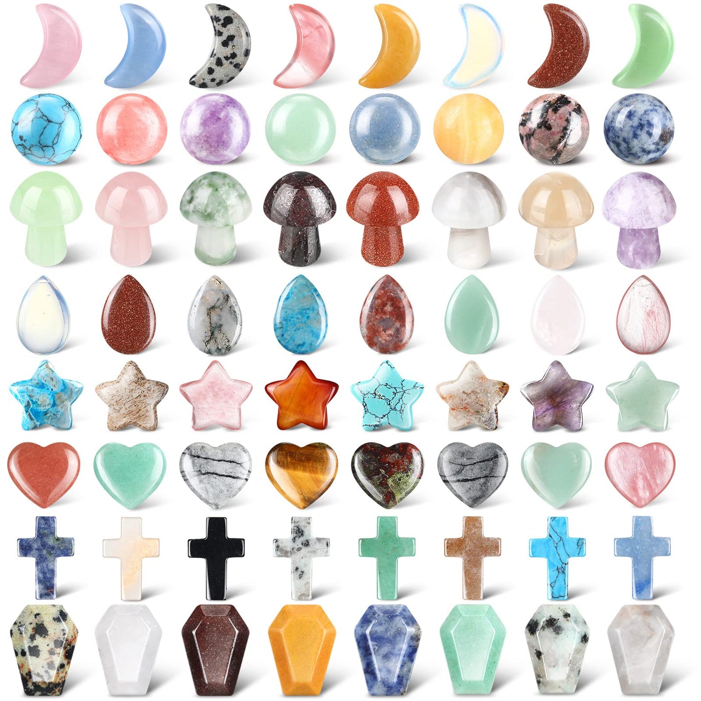 Nuenen 64 Pcs 0.8 Inch Mixed Hearted Crystal Worry Stone Gift Heart Shaped Healing Star Shape Moon Cross Coffin Gemstone Teardrop Palm Pocket Ball for Anxiety Stress Relief Gift Office Witchcraft