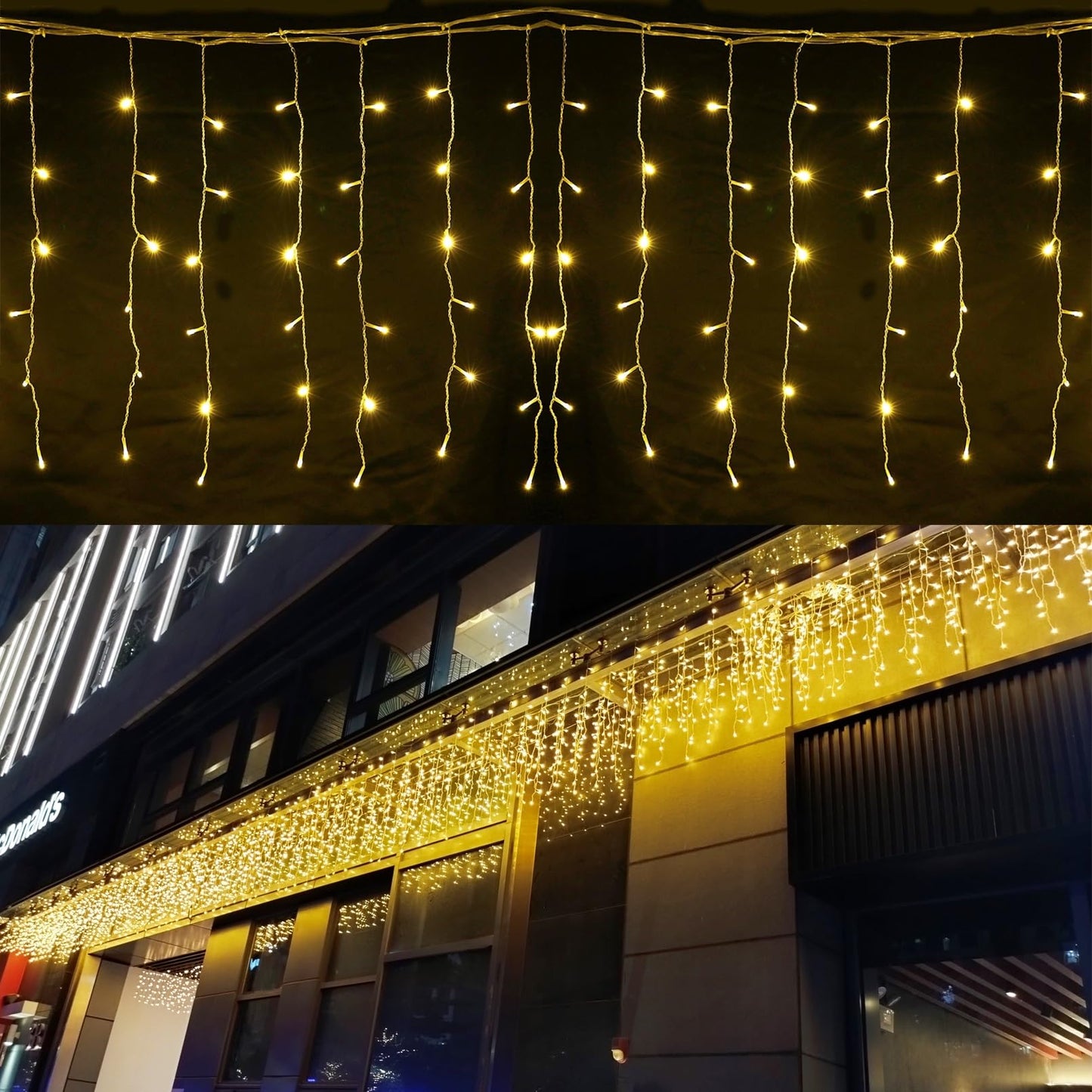 ZIMINGU Icicle Dripping Lights, 13FT 144 LEDs 8 Modes Christmas Connectable Twinkle Window Curtain Fairy Waterfall Diwali Ceiling String Lights for Outdoor Indoor Decorations (Warm White, 4X0.6M)
