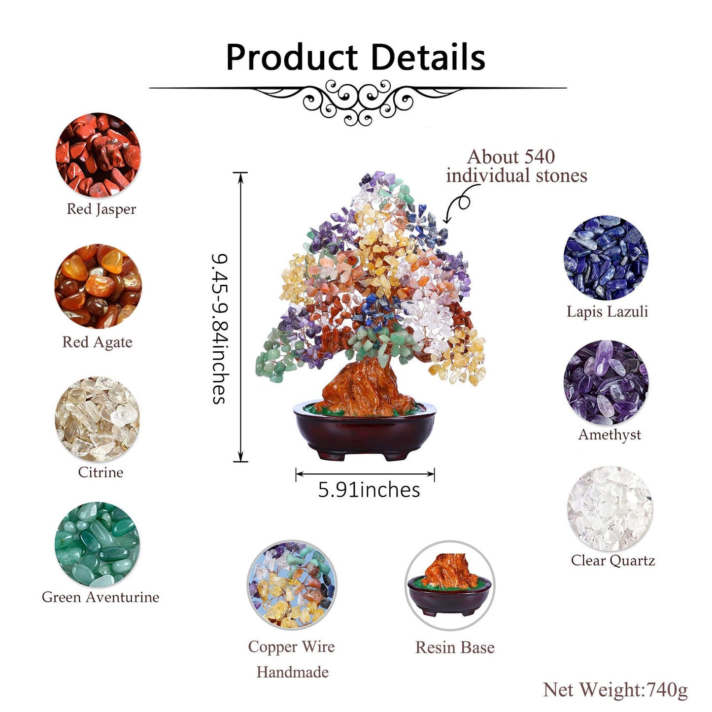 Jovivi Large Feng Shui Natural 7 Chakra Healing Crystal Money Tree Resin Base Bonsai Style Decoration for Wealth and Luck 9.5 Inches
