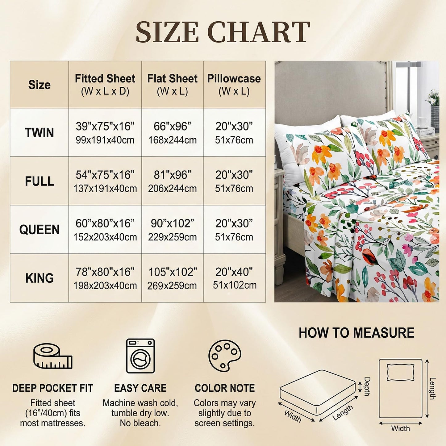 YIYEA Floral Sheets Twin Size, Premium Double Brushed Microfiber Bed Sheet Set for All Season, Soft Breathable, 16" Deep Pocket, Shrinkage and Fade Resistant, 3PC, Twin