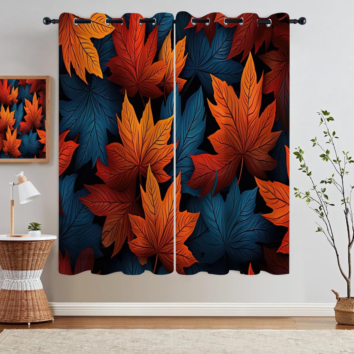 Brown Maple Leaves Blackout Curtains 2 Panels, Simple Plant Texture 3D Printed Drapes with Grommet Darkening Thermal Insulated Window Draperies for Living Room Bedroom(104" W x 63 "L)