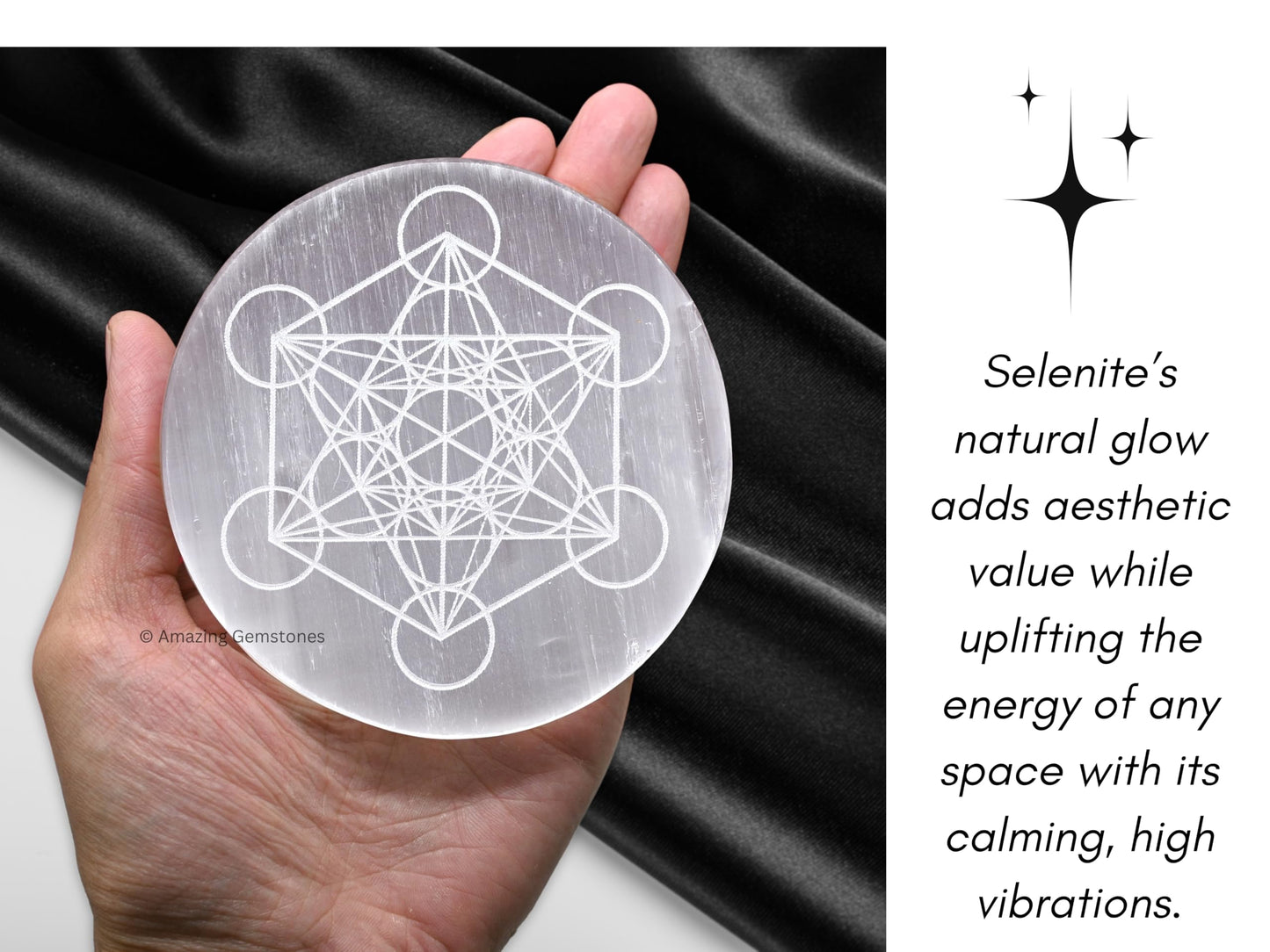 Amazing Gemstone Selenite Crystal Charging Plate for Crystals and Healing Stones, 4" Selenite Crystal Plate Engraved Metatron Cube Coaster for Home, Office Table Decor (Selenite Round Disc)