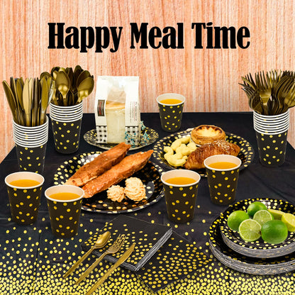 350 Pieces Gold Disposable Party Dinnerware Set &Golden Dot Disposable Party Dinnerware - Black Paper Plates Napkins Cups, Gold Plastic Forks Knives Spoons
