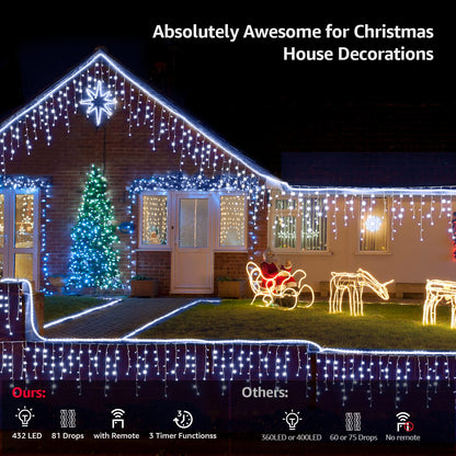 WBao Christmas Lights Outdoor, 432 LED 33FT Icicle Lights with 81 Drops, Remote Control, 3 Timer Settings, 8 Modes, Waterproof, Connectable Fairy Lights for Wedding, Holiday Eaves Decor, Cool White