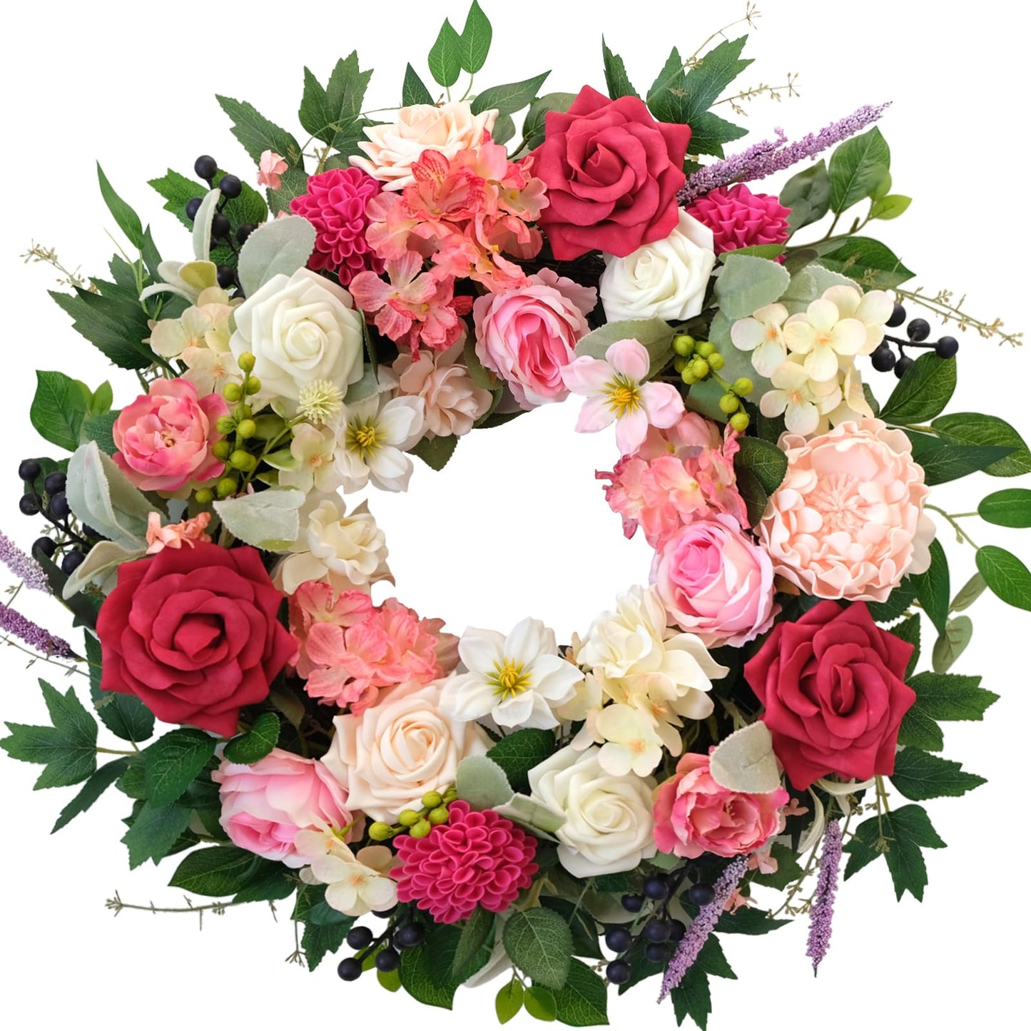 CIR OASES 22 Inch Spring/Summer Floral Wreaths for Front Door,Artificial Decoration Wreath with Rose Dahlia Hydrangea for Home Valentine Wedding Mothers Day Decor(RED)