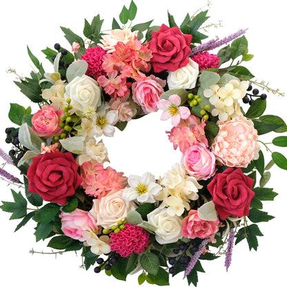CIR OASES 22 Inch Spring/Summer Floral Wreaths for Front Door,Artificial Decoration Wreath with Rose Dahlia Hydrangea for Home Valentine Wedding Mothers Day Decor(RED)