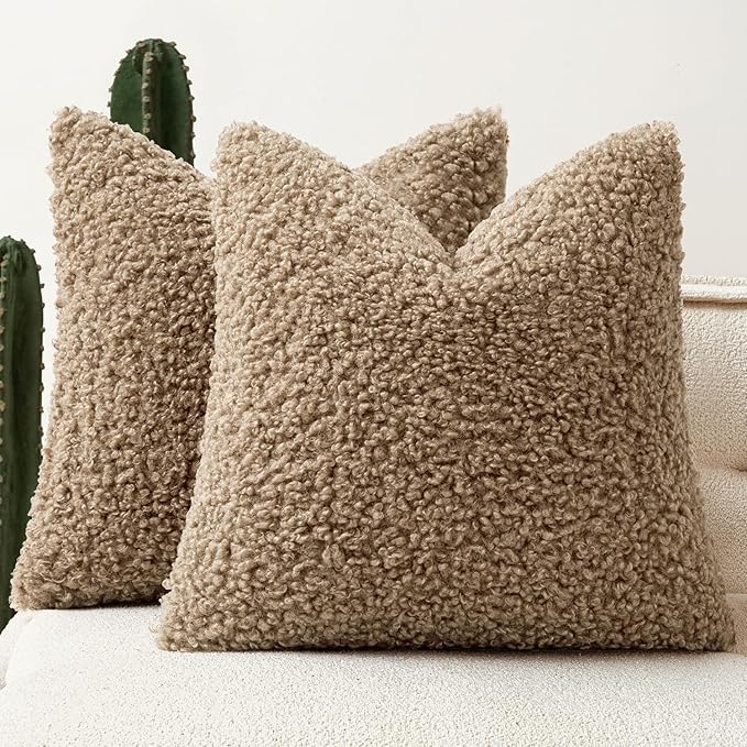Faux Fur Throw Pillow Covers 24x24 Inch Set of 2 Boucle Neutral Decorative