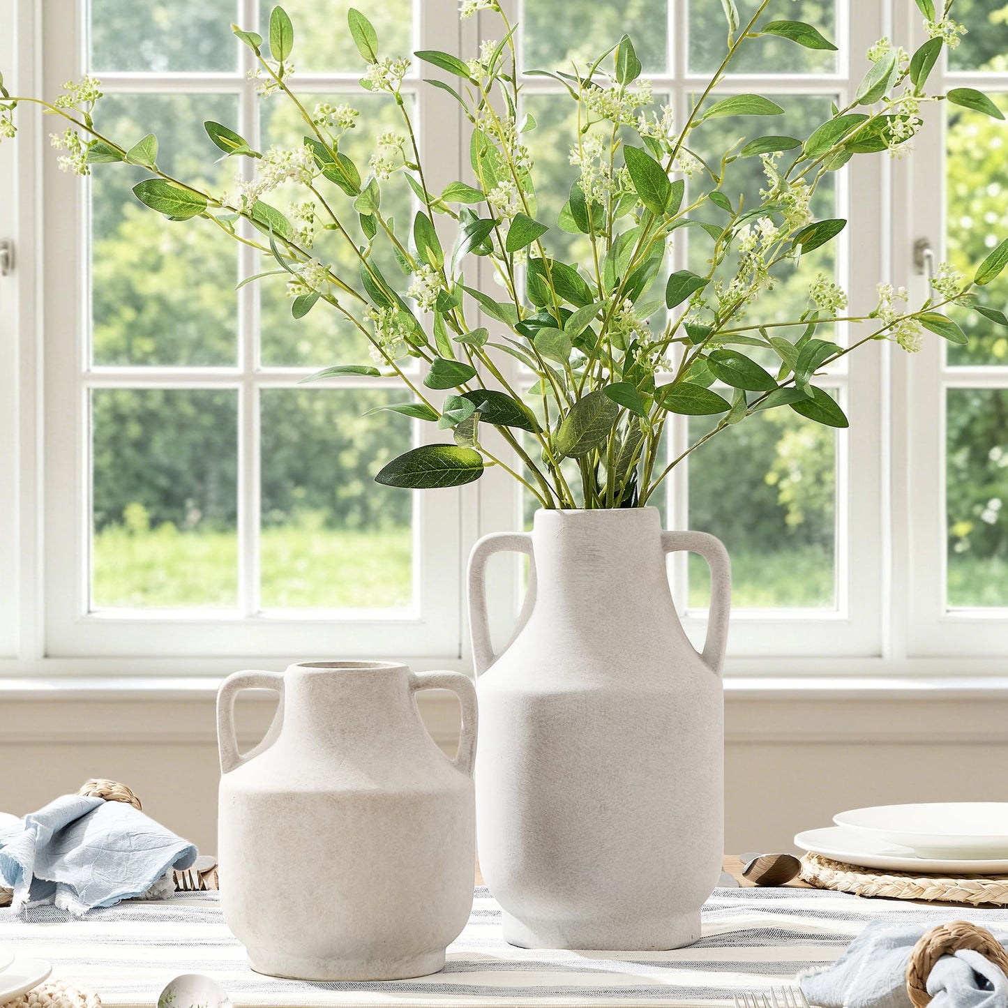 Mitt&Ditt Ceramic Flower Vase with Handles, 11 inch Tall Off-White Vase, Large Decorative Terracotta Vases, Farmhouse Rustic Pottery Vases for Home Decor, Living Room, Table
