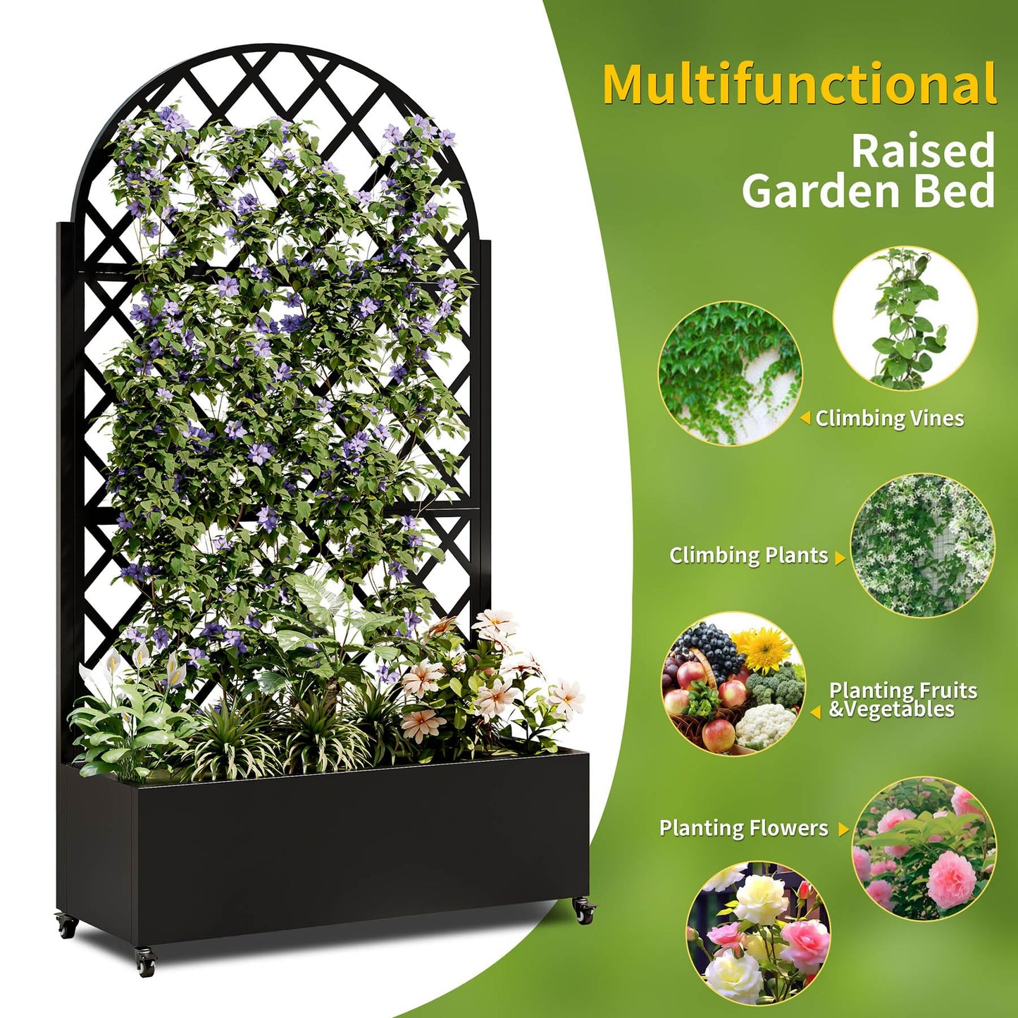 Metal Planter Box with Trellis, 73-Inch Tall Raised Garden Bed with Wheels, Privacy Screen Planter for Climbing Plants, Vegetables & Vines, Galvanized Steel Outdoor Privacy Shield, Black (Round)