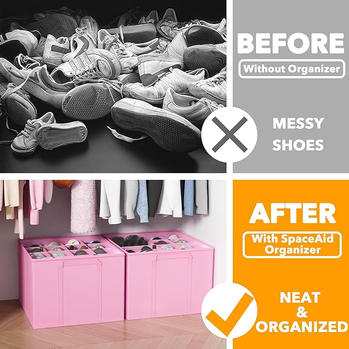 SpaceAid Shoe Organizer for Closet, 2 Pack Foldable Shoe Storage Containers