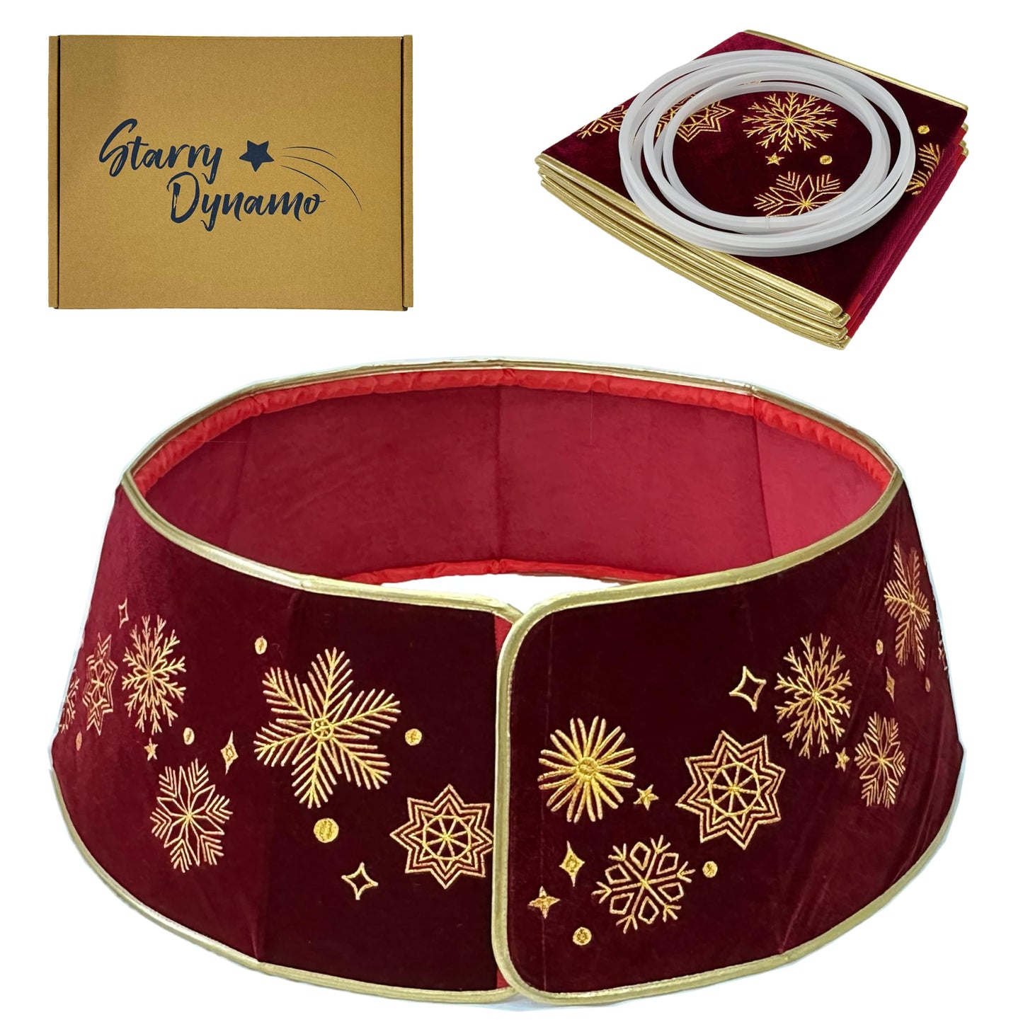 Starry Dynamo 28-Inch Velvet Burgundy Christmas Tree Collar with Embroidered Snowflakes, Foldable Tree Ring Base Cover for 5–7 ft Trees