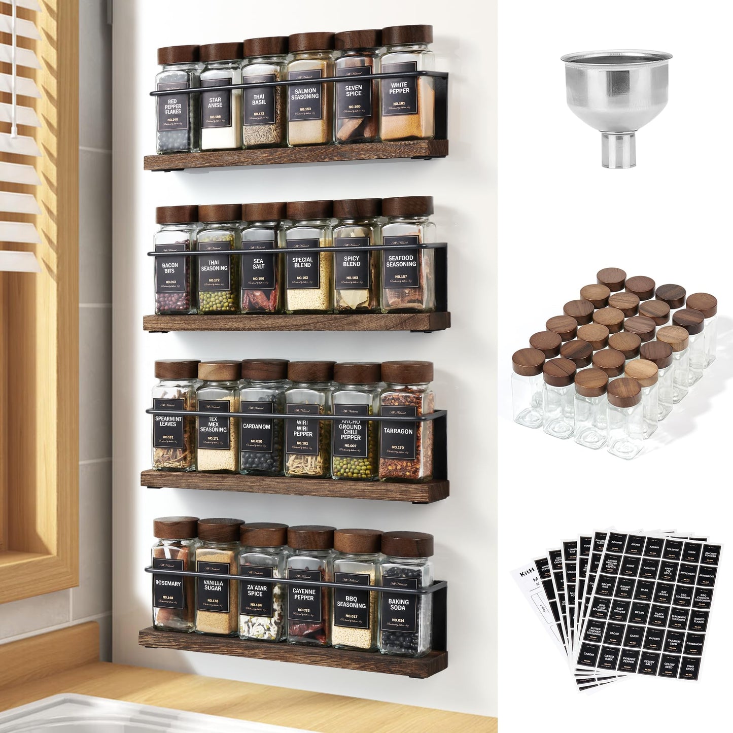 KitHero Wooden Lid Magnetic Spice Rack with 24 Jars, 216 Labels, 1 Steel Funnel for Refrigerator，Microwave Oven - Full Set of Spice Organizer