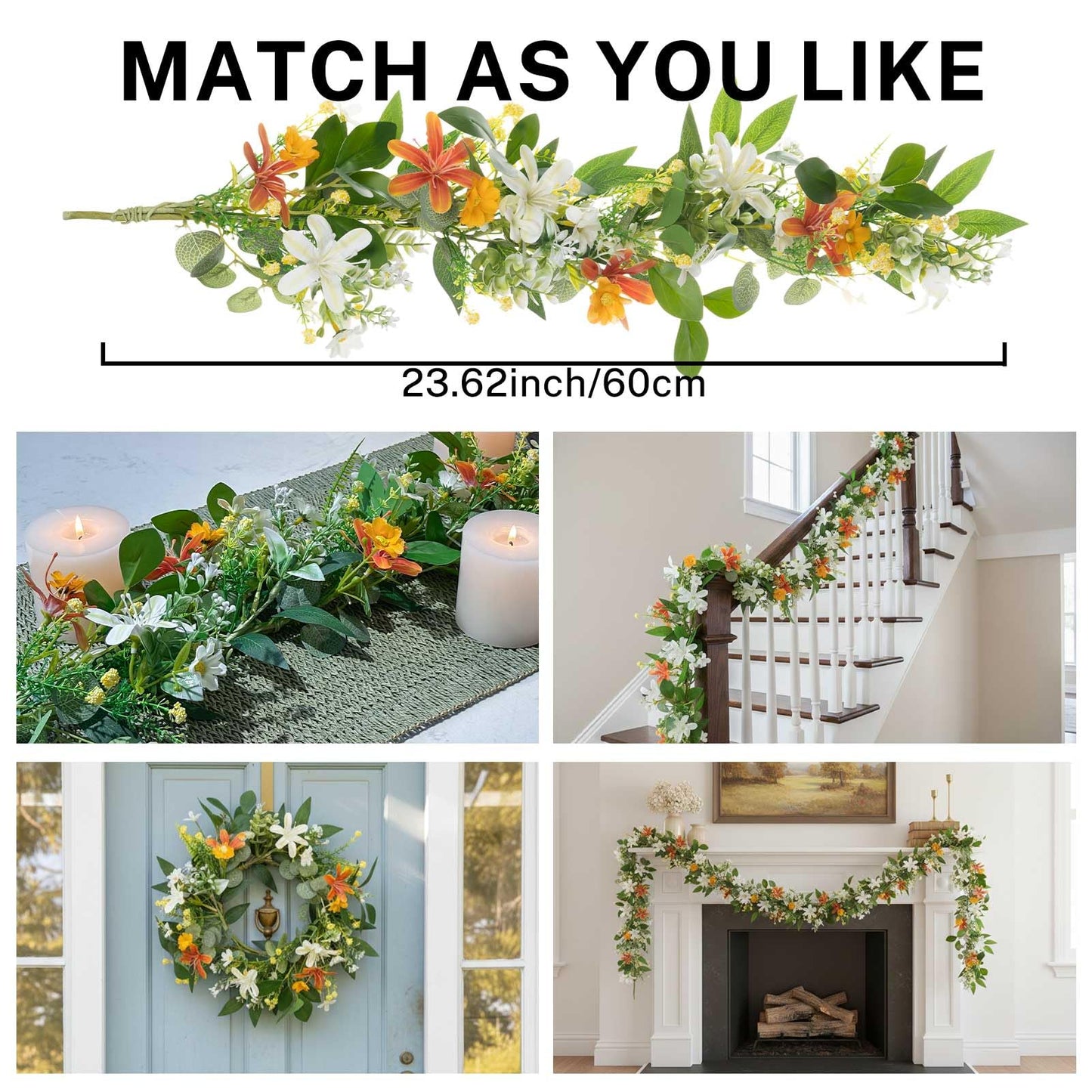 MOYEE Summer Centerpieces for Tables Candle Ring, Black Metal Candlestick with an Artificial Wreaths 14 in Versatile Dining Table Centrepiece (an Orange and White Wreath)