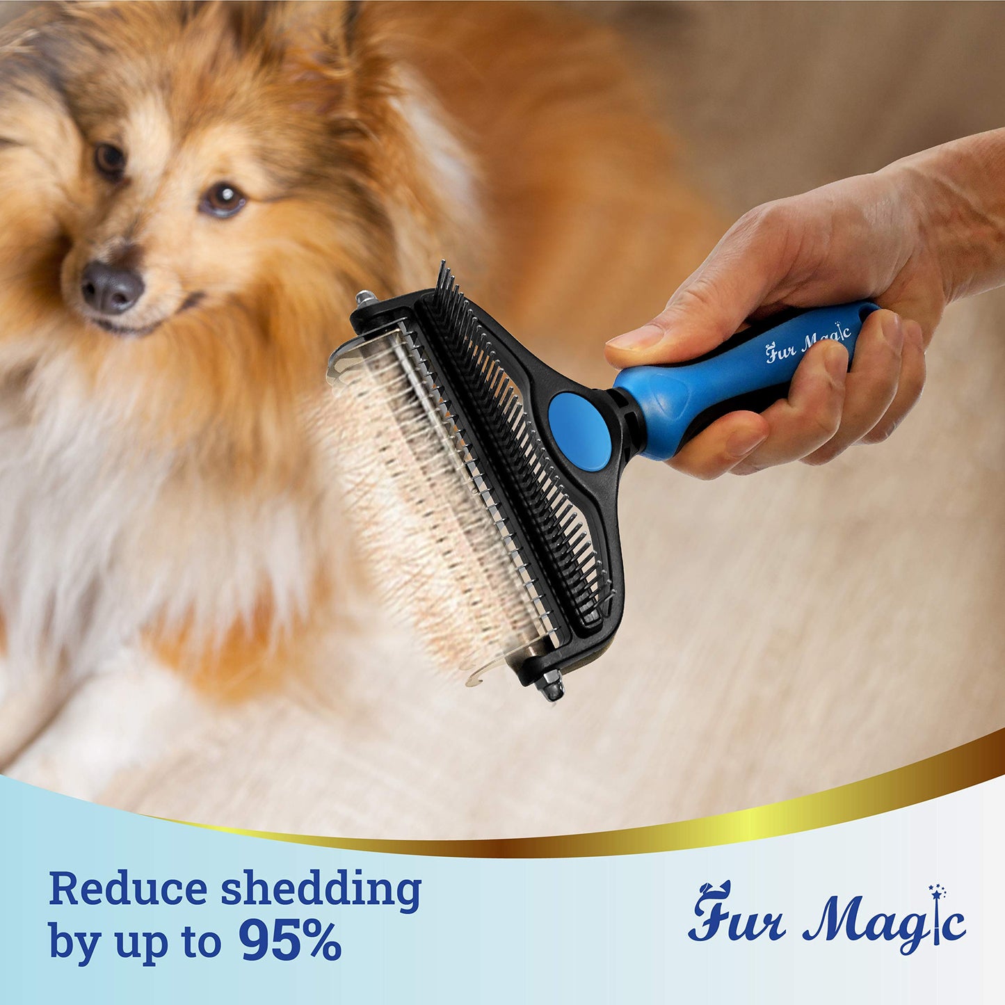Fur Magic Deshedding and Dematting Comb Double Sided Undercoat Rake Pet Grooming Brush Removing Mats, Knots & Tangles for Dogs and Cats with Long and Medium Hair, Blue