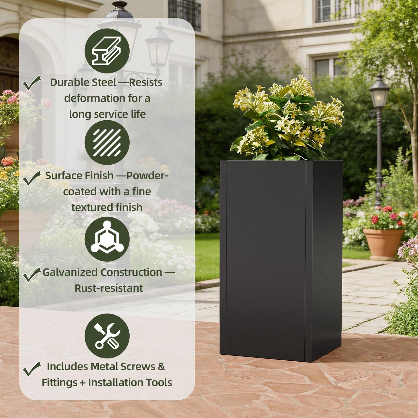Diyfire Tall Metal Planters Box for Outdoor Plants 2 Pack- 23.6" Modern Steel Tall Square Planter with Removable Insert Shelf, Heavy Duty Pedestal Planter Front Porch Decor Patio Garden, Black