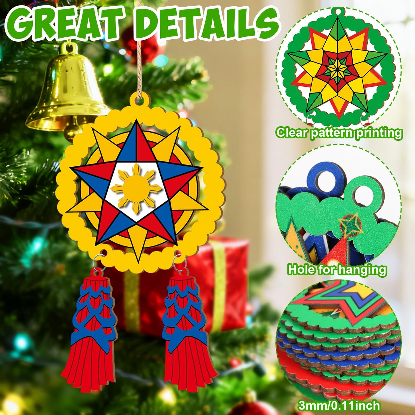 24 Pcs Christmas Parol Lantern Filipino Wooden Philippine Christmas Ornaments for Tree Decorations Hanging Ornaments Traditional Capiz Star Pendant Sign for Xmas Gift Home Window Holiday Decor Navidad