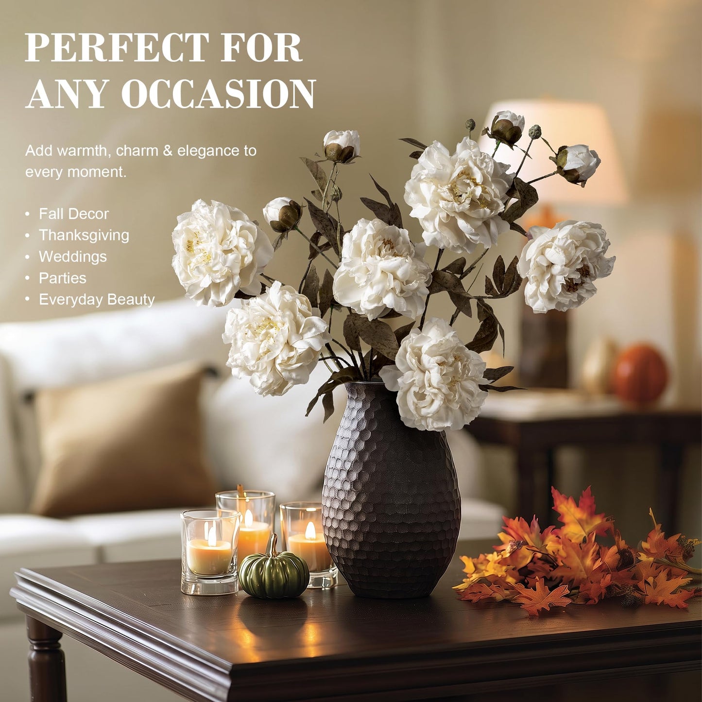 White Artificial Peony Flowers for Vase, 6 Faux Peony Stems with Large Realistic Blooms and Buds, 28.3" Long Stem Silk Peonies, Faux Flowers for Wedding Centerpieces, Living Room Table Home Decor