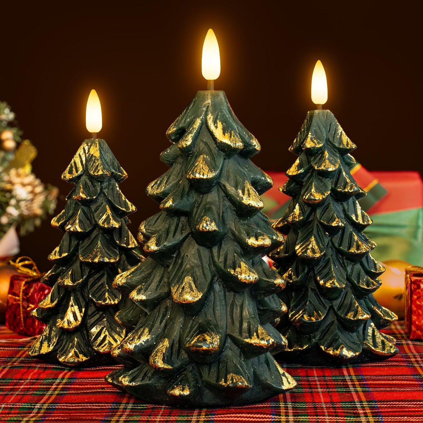 Yongmao Green Christmas Tree Shaped Flickering Flameless LED Candles with Timer, Real Wax Battery Operated, Set of 3