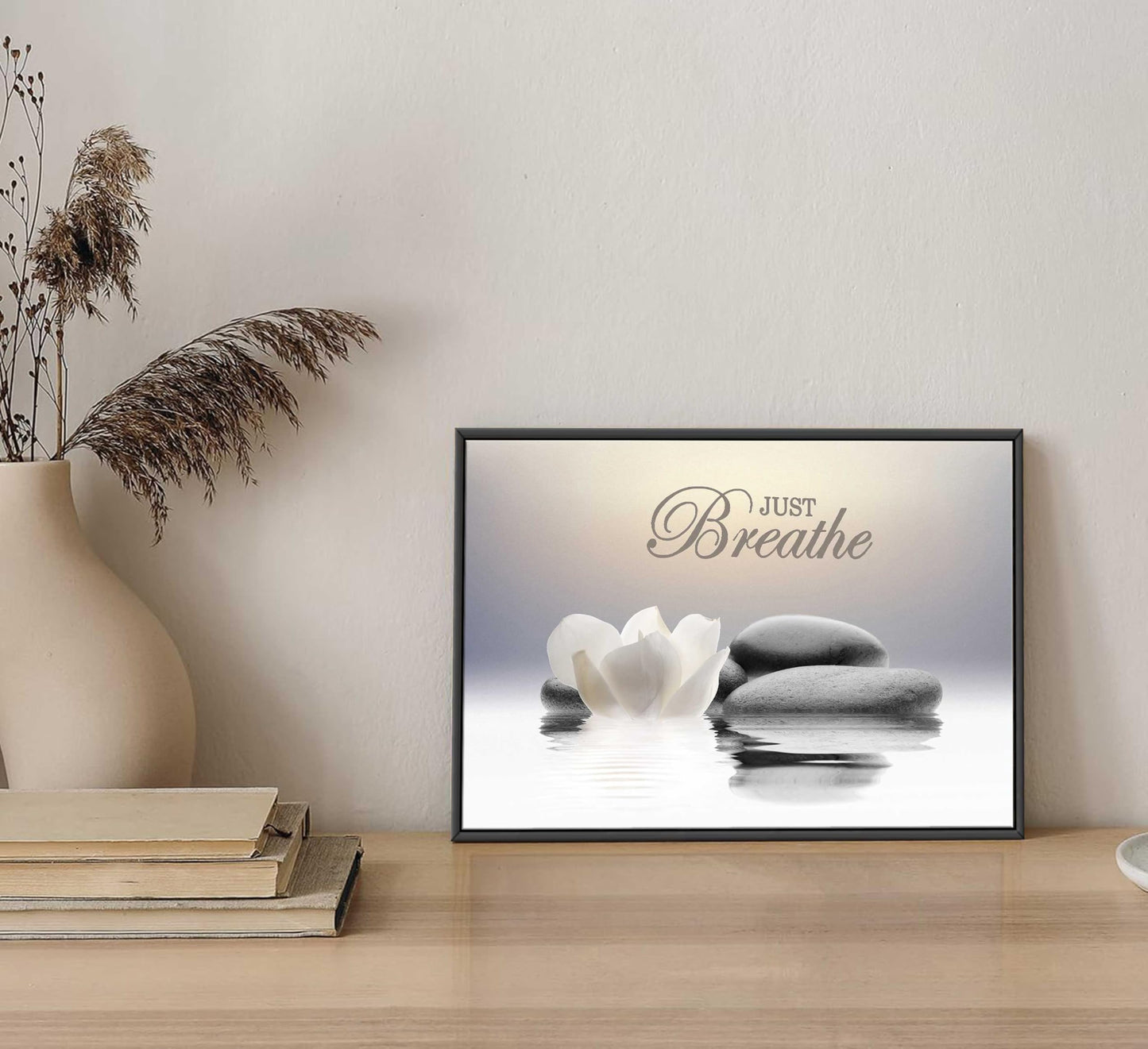 Framed Zen Stone Flower Wall Art White Lotus Just Breathe Yoga Quotes Picture Wall Decor Water Lily Stone Poster Print Artwork for Bathroom Yoga Room Spa Room Meditation Room Office Home Decoration