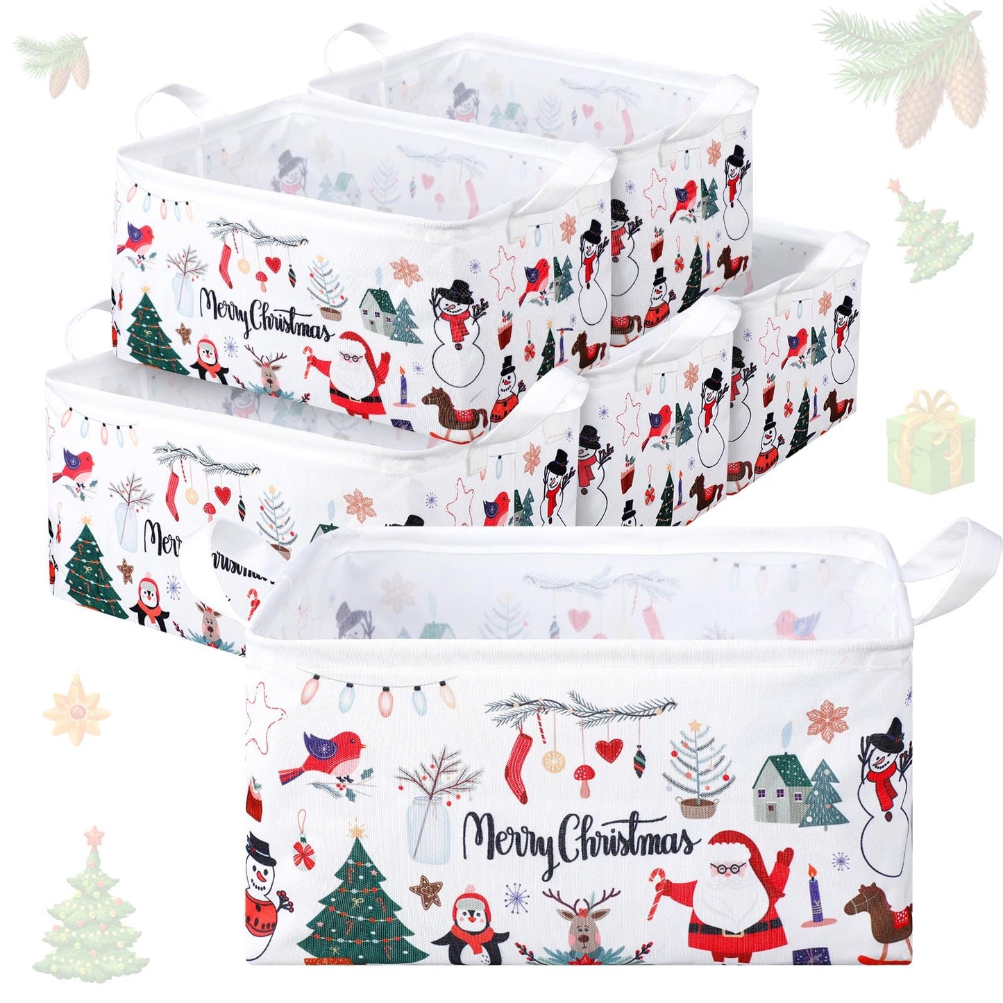 Maxcheck 6 Pcs Large Christmas Basket for Gifts Empty Foldable Xmas Gift Basket Rectangle Christmas Santa Present Storage Bin Fabric Cubes Containers Boxes with Handles for Present Cloth Toy