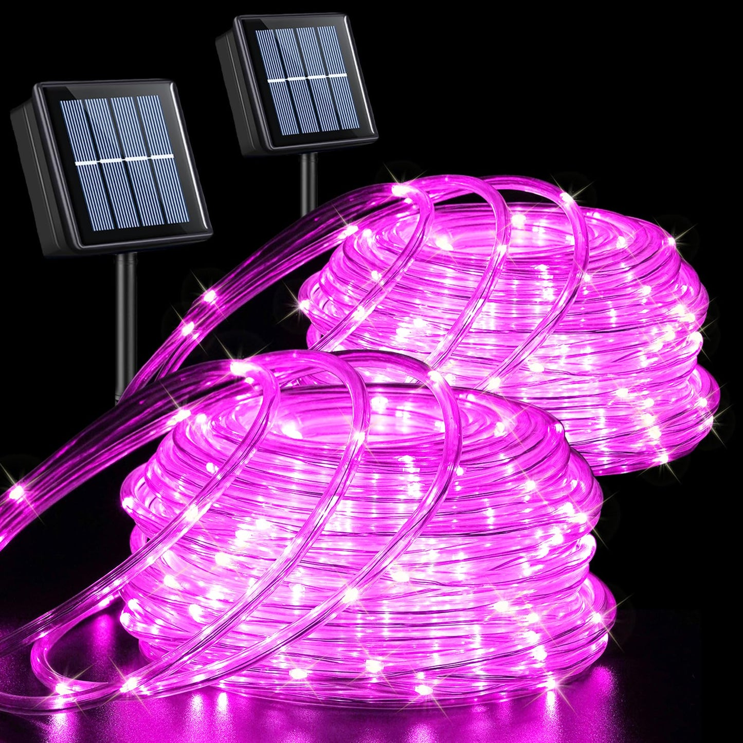 QITONG Pink Solar Rope Lights Outdoor, 2 Pack Each 33ft 100 LED String Light, 8 Modes Fairy Lights in Clear Thin Tube with 8 Modes