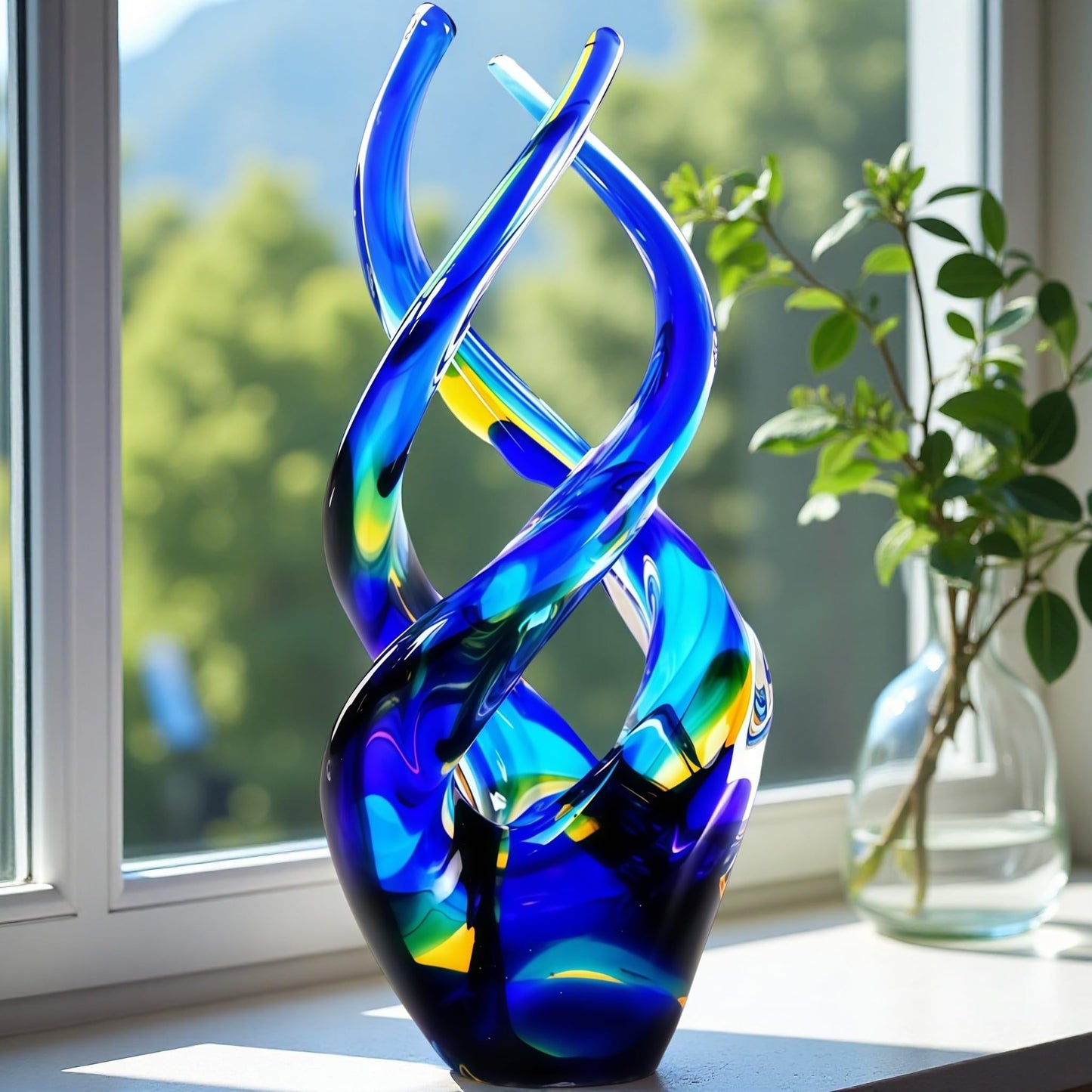 Mysphex Hand Blown Glass Decor - Cobalt Blue Glass Sculpture - Ocean Theme Spiral Kinetic Figurine, Light Reactive Gradient Decor for Home Office Garden, Ideal Gift for All Occasions