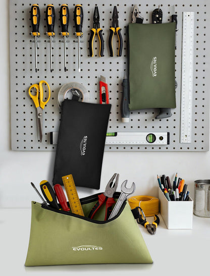 EVOULTES 12 Inch Tool Pouches with Zipper, Small Tools Bags with Carabiner, Multi Purpose Utility Organizer Bags for Tools (3 Pack in Tan, Navy Green, Black)