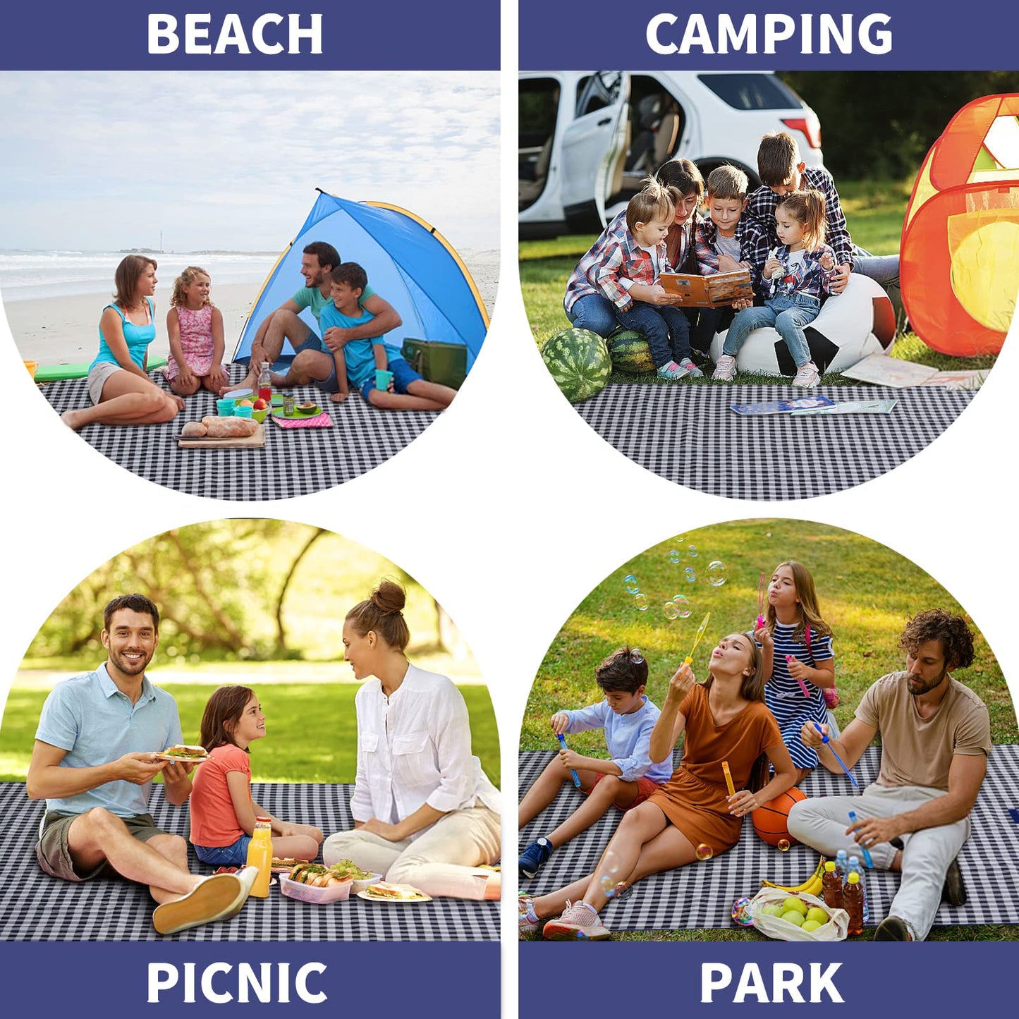 Habaylin Picnic Blanket Waterproof, Extra Large Picnic Mat 200 X 200 cm, Camping Beach Blanket Washable Foldable, Camping Accessories for Outdoor Activities (Dark Blue)