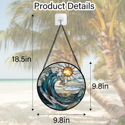 DASTOLL Stained Glass Window Hanging, Blue and White Waves Suncatcher Diamond Glass Panel Landscape Sun Catchers Decor for Birthday for Women, Men, Wife, Aunt, and Mom 9.8 in