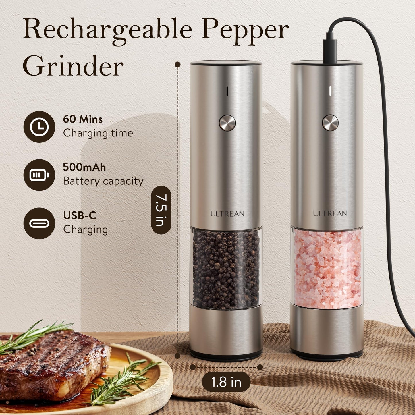 Ultrean Salt and Pepper Grinder Set, Rechargeable Salt and Pepper Shakers, 6 Adjustable Coarseness, LED Light, Kitchen Gadget Cooking Gifts Valentines Day Gifts for Him Her Mom Dad, Stainless Steel