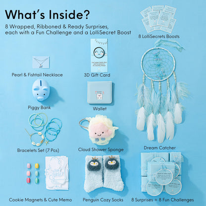 HAPPY LOLLI Blue LolliBox Gift Set for Tween & Teen Girls Ages 8–15, Birthday Gift Box, Ready-to-Gift Surprise Box with 8 Individually Wrapped Gifts & Empowering Challenges