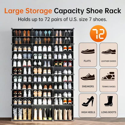 MAGINELS 72-Pairs Shoe Storage Organizer Cabinet,Portable Shoe Rack Organizer with Door,Large DIY Plastic Detachable Shoes Shelves for Entryway,Bedroom,Black