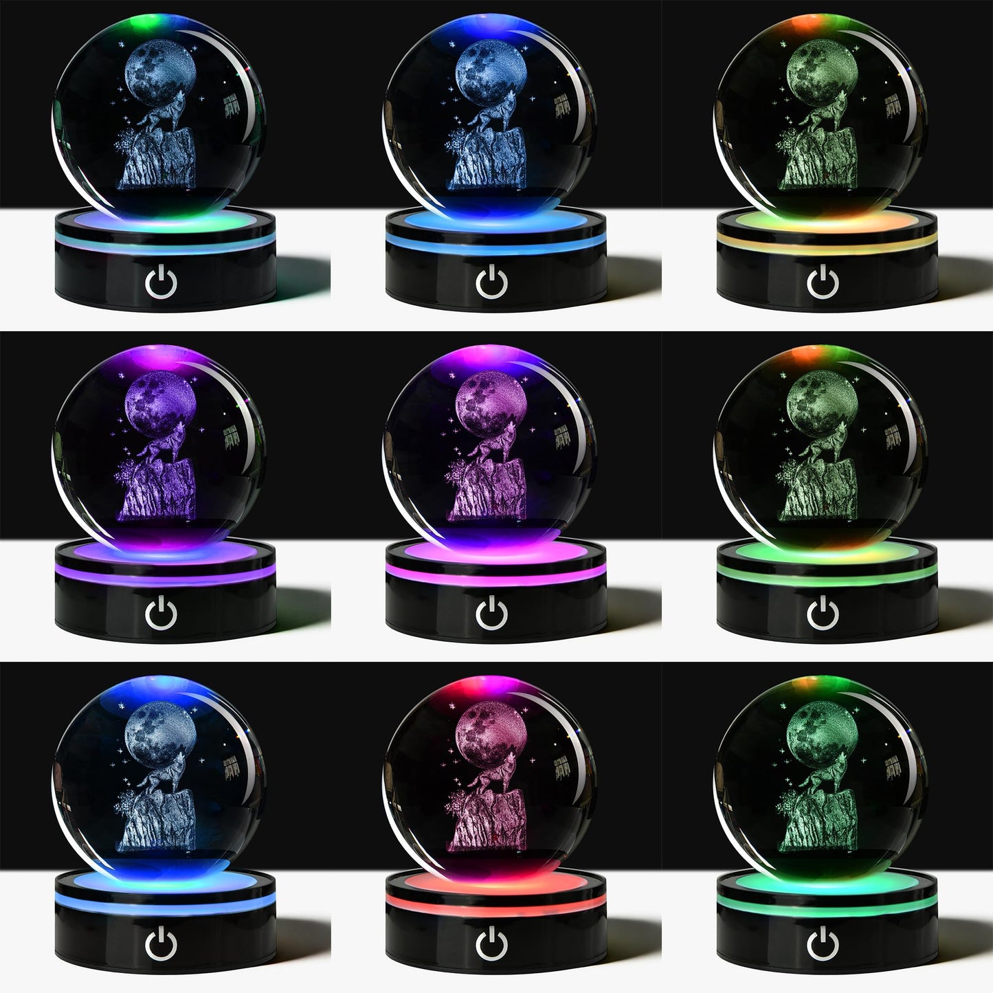 QIANCHANG Wolf Howling 3D Crystal Ball with LED Stand, 80mm Glass Sphere Night Light Lamp, Crystal Animal Figurines Collectibles, Wolf Lover Gifts for Men & Women
