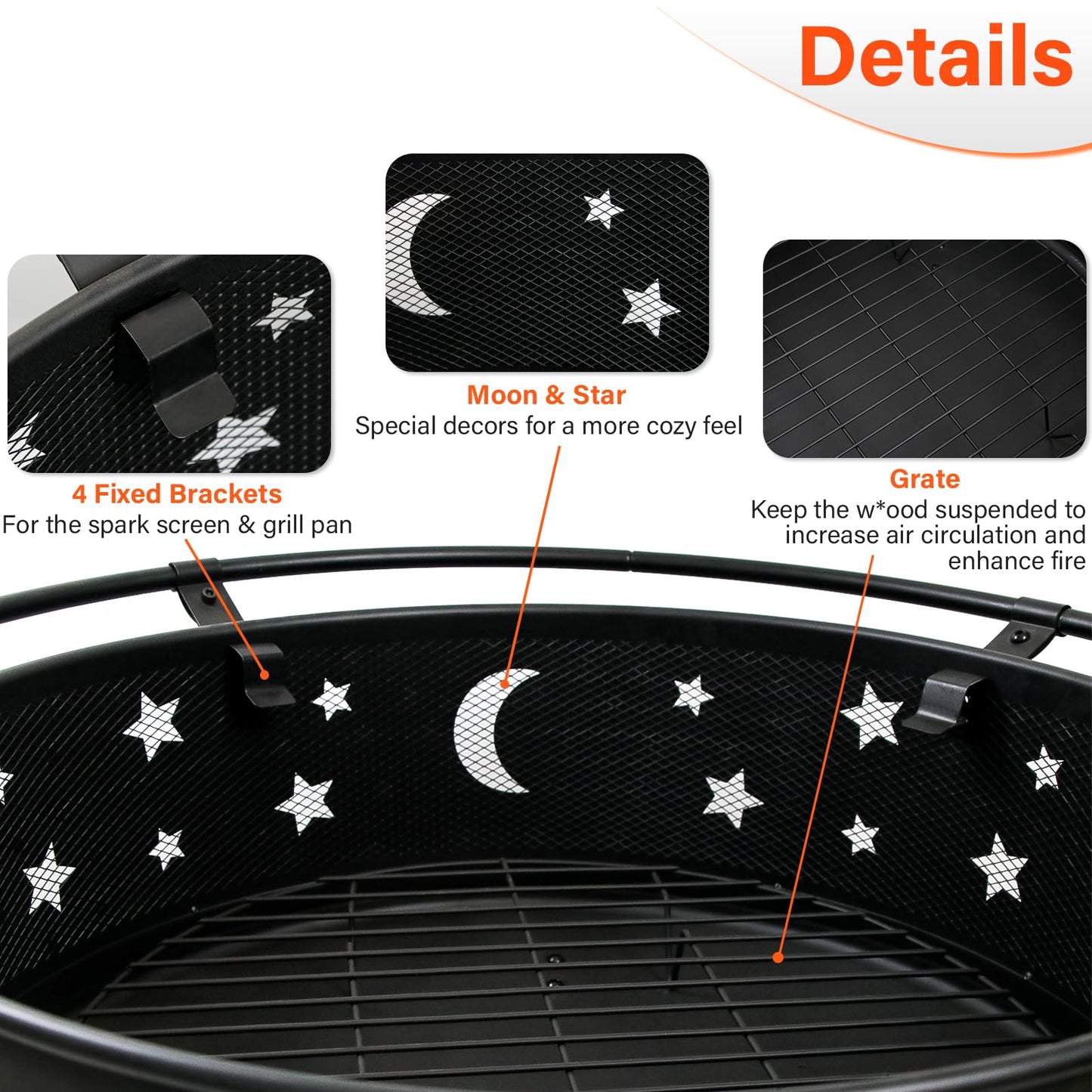 Quilushey 32 Inch Fire Pit Outdoor Fireplace, 2 in 1 Metal Round Firepit for Outside Bonfire Party, BBQ, Camping, Backyard, Patio, Garden, Picnic w/Fire Poker, Spark Screen, Grate, Cover (Moon&Star)