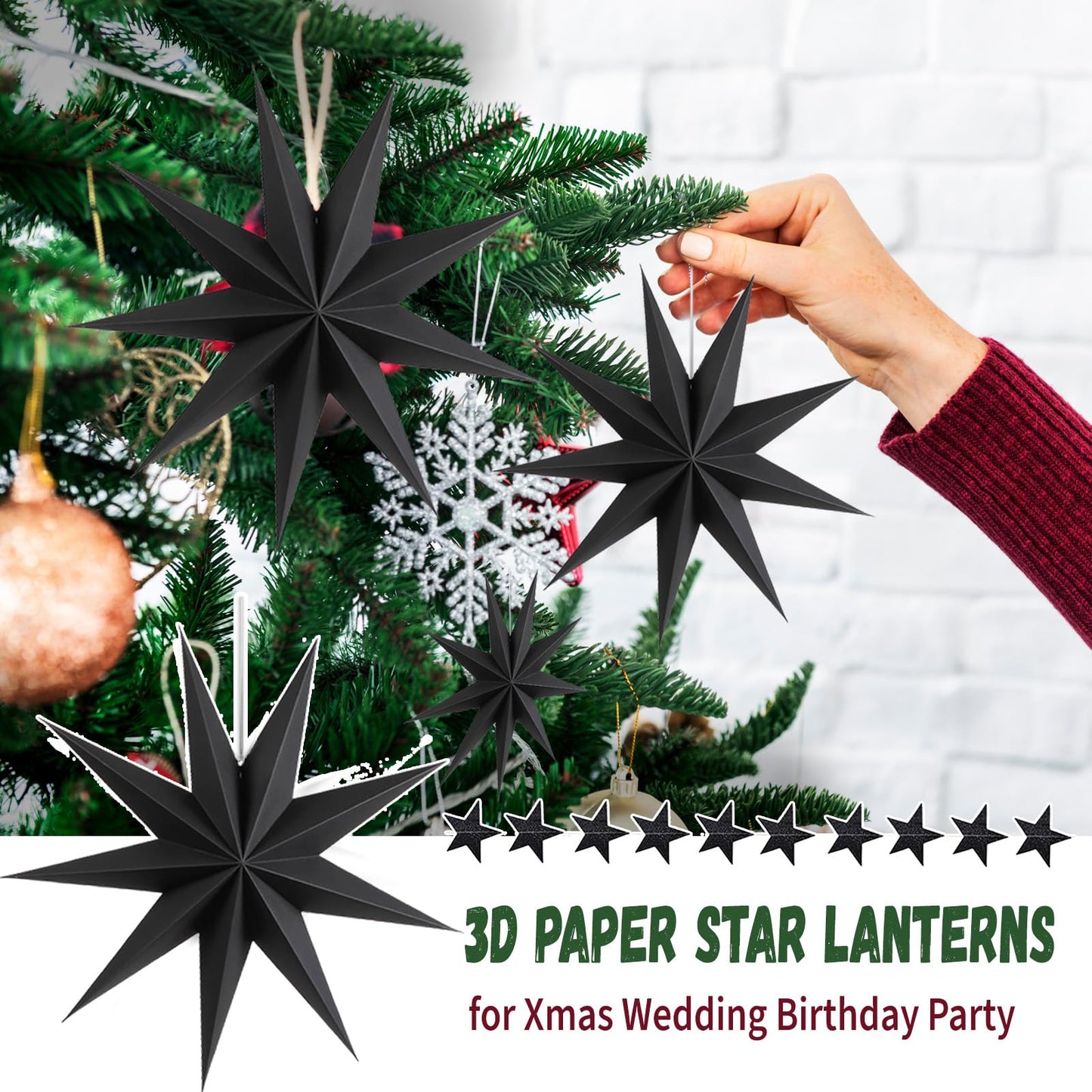 WNSIRVY 5 Pack 9-Pointed Large 3D Paper Star Lanterns with Glitter Star Garland Black Hanging Star Lanterns Lampshade for Halloween Christmas Themed Party Home Wedding Birthday Decorations (Black)