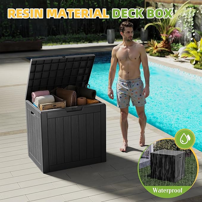 35 Gallon Resin Deck Box with Lockable Latch, Waterproof UV-Resistant Multi-Purpose Outdoor Storage for Patio Cushions, Garden Tools & Package Storage, Black
