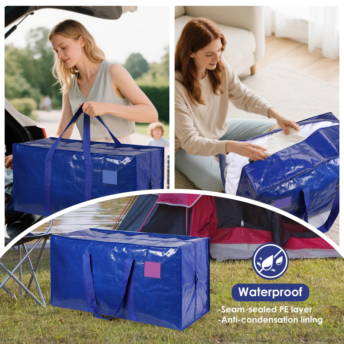 RMOHRO 6 Pack Moving Bags with Full-Open Side Zipper, Extra Large 93L Heavy Duty Waterproof Foldable Storage Totes for College Dorm, Moving & Home Organization,Blue