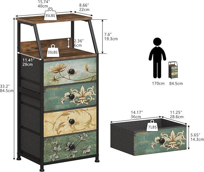 Tohomeor Dresser with Fabric Drawers Nightstand with 2 Tier Shelf Storage Tower