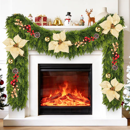 Real Touch Cedar Garland for Home, Thicken Cypress Green Artificial Greenery Garlands, 6FT Realistic Pine Garland with Flowers Berries Pinecones Balls, Cedar Garlands for Christmas in July Decorations