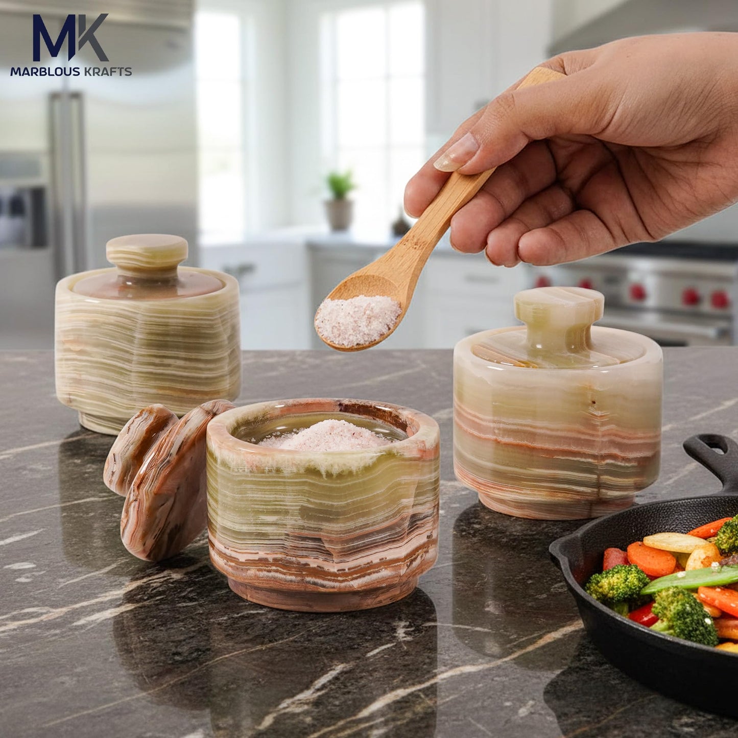 MARBLOUS KRAFTS Marble Salt Cellar with Lid 3" Inch Green Salt Jar & Table Salt Storage For Kitchen Countertop, Salt Container, Salt Dish & Sugar Bowl For Table